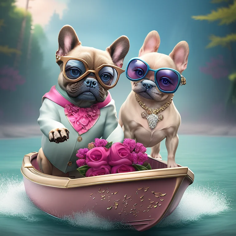 couple of french bulldog  on a mini boat for a romantic ride on a flowery lake , many little butterflies are flying, wearing elegant attire, pink sunglasses, a bandana, big golden necklace, by anthro, very detailed, intrincated, cinematic light