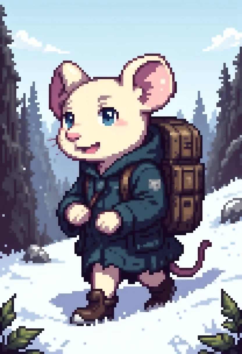 pixel-art 
Amidst a wintry realm blanketed in pristine white, a tiny champion trudges onward, undaunted by the challenges posed by the unforgiving climate. Clad in a well-worn cloak of faded blue wool, its edges frayed from countless encounters with thorns and briars, the valiant rodent ventures forth with a singular purpose animating its every step.
Large, rounded ears, flushed a fetching shade of bubble-gum pink, peek out from beneath the folds of the hood, twitching constantly to detect the slightest sound carried on the frigid breeze. Fur as soft and white as freshly fallen snow provides insulation against the biting cold, while a pair of sturdy leather boots ensure surefooted progress over treacherous terrain.
Perched precariously atop the mouse's broad back is a capacious wicker basket, crafted from supple reeds gathered from streams far below. Though coated in a thin veneer of crystallized moisture, the contents remain safely cocooned within, awaiting delivery to whatever destination awaits beyond the horizon.
Snowflakes drift gently from a slate-gray sky, settling silently upon the upturned nose and whiskers of the tireless explorer.
... 
blocky, pixel art style, 8-bit graphics, blocky, pixelated, vibrant colors, recognizable characters and objects, game assets, pixel-art, 
aidmaMJ6.1, pixel_art_style