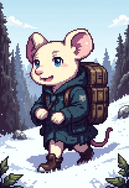 pixel-art
Amidst a wintry realm blanketed in pristine white, a tiny champion trudges onward, undaunted by the challenges posed by the unforgiving climate. Clad in a well-worn cloak of faded blue wool, its edges frayed from countless encounters with thorns and briars, the valiant rodent ventures forth with a singular purpose animating its every step.
Large, rounded ears, flushed a fetching shade of bubble-gum pink, peek out from beneath the folds of the hood, twitching constantly to detect the slightest sound carried on the frigid breeze. Fur as soft and white as freshly fallen snow provides insulation against the biting cold, while a pair of sturdy leather boots ensure surefooted progress over treacherous terrain.
Perched precariously atop the mouse's broad back is a capacious wicker basket, crafted from supple reeds gathered from streams far below. Though coated in a thin veneer of crystallized moisture, the contents remain safely cocooned within, awaiting delivery to whatever destination awaits beyond the horizon.
Snowflakes drift gently from a slate-gray sky, settling silently upon the upturned nose and whiskers of the tireless explorer.
...
blocky, pixel art style, 8-bit graphics, blocky, pixelated, vibrant colors, recognizable characters and objects, game assets, pixel-art,
aidmaMJ6.1, pixel_art_style
