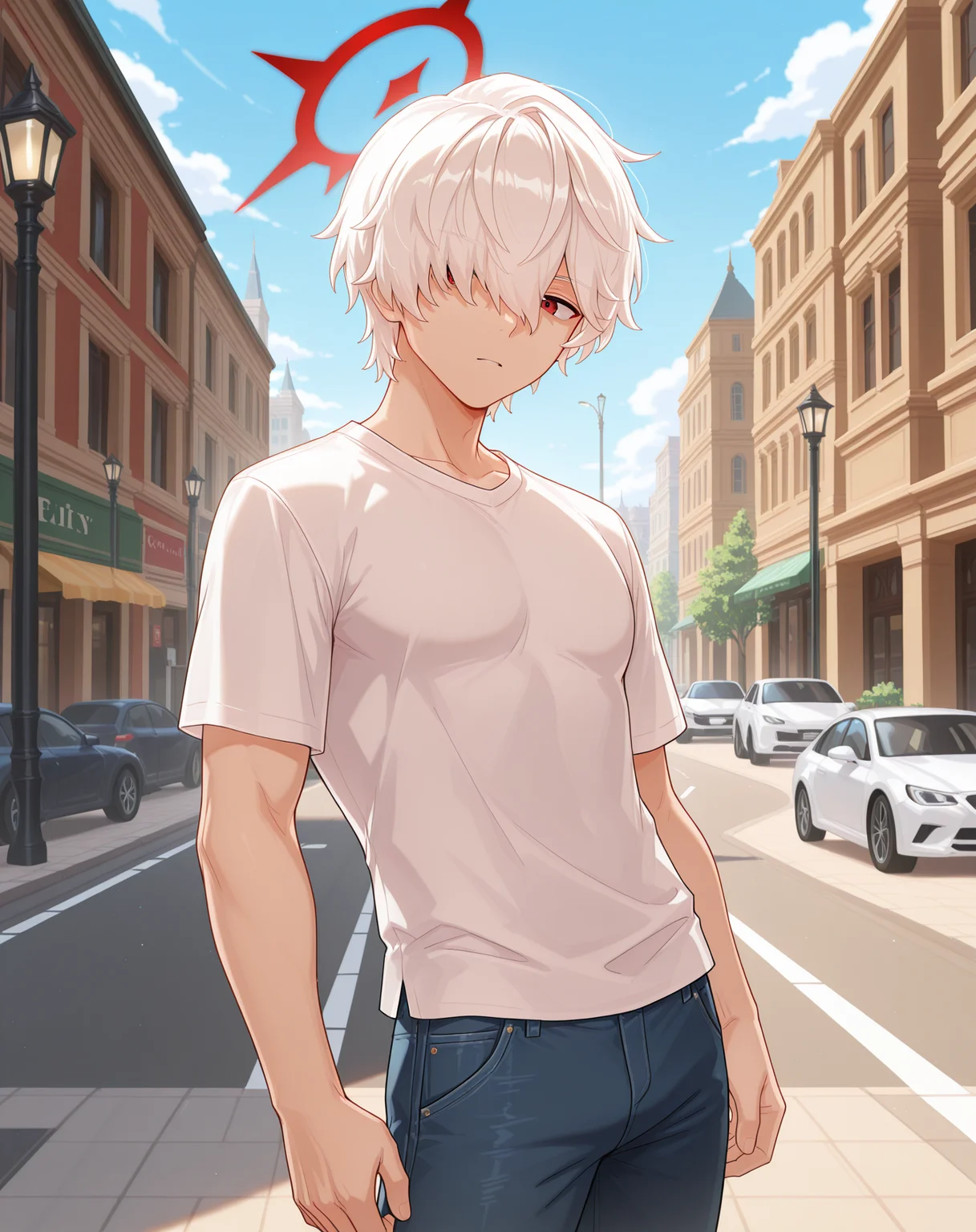 masterpiece,best quality,amazing quality, newest, very aesthetic, absurdres,
1boy, solo, yaoi, male focus, looking at viewer, cowboy shot, standing,
<lora:Elsword_Genesis_ilxl:1> elswordgn, white hair, red eyes, short hair, hair between eyes, hair over one eye, halo,
white shirt, jeans, sneakers,
outdoors, day, blue sky, building, street, road, lamppost, car,