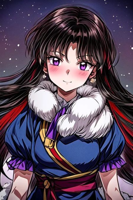 masterpiece,  best quality 1girl Setsun4 solo long hair,  (night time) forest background black hair very long hair purple eyes multicolored hair armor (fur trim) (medium body),<lora:EMS-179-EMS:0.800000>,<lora:EMS-293862-EMS:0.800000> bow, hair_bow, hair_tubes, red_bow, brown_hair, long_hair, bangs, sidelocks, ascot, brown_eyes, frilled_bow, yellow_ascot, blush, smile, hair_between_eyes