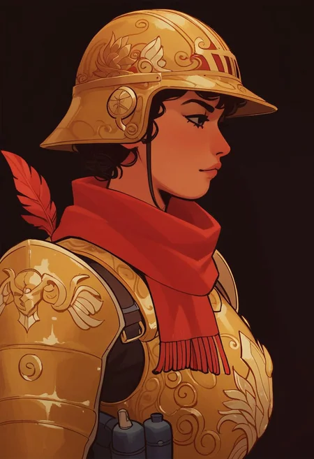 score_9, score_8_up, score_7_up, score_6_up, Masterpiece, 1girl, face focus, face close up,
1girl, golden armour, red huge scarf, utility belt, firesword, golden helmet, long red feather on helmet, side view, dark background, cave background, dark setting, cowboy shot