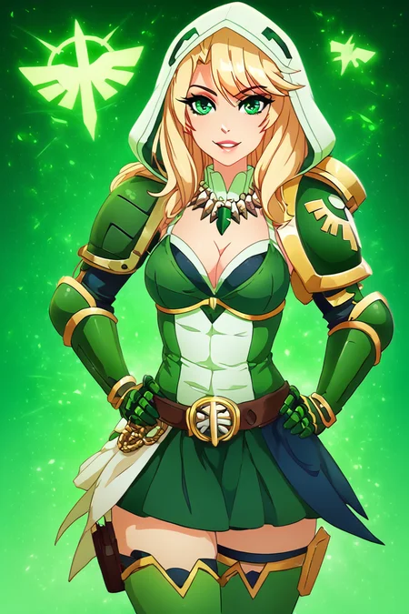 score_9, score_8_up, score_8, medium breasts, (curvy), cute, eyelashes, BREAK, , zzDarkAngel, 1girl, long hair, breasts, looking at viewer, blonde hair, thighhighs, gloves, cleavage, jewelry, medium breasts, green eyes, parted lips, hood, necklace, lips, hand on hip, makeup, gauntlets, green gloves, green thighhighs, green skirt, shoulder armor, green background, arrow (symbol), green theme, <lora:Dark_Angels_Warhammer_40K_PDXL_v2:0.8>, BREAK, smile, looking at viewer, cowboy shot, embedding:zPDXL, Expressiveh, <lora:PrismaIllya_PDXL_v3:1.0>, <lora:SDXLFaeTastic2400:0.5>, <lora:Expressive_H-000001:0.4>,
