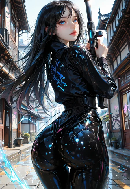 masterpiece, best quality, good quality, very aesthetic, absurdres, newest, 8K, depth of field, focused subject, standing stance, dynamic angle, motion, 1girl, solo, looking at viewer, ninja, black hair, long hair, holding sniper rifle, ass focus, juice ass, shiny ass, black latex, dramatic lighting, partially illuminated, intricate design, blue eyes, gradient eye color, fusing hyper-realism with stylized exaggeration, intense, glowing saturation, wind effect, motion lines, fractal shaped building
<lora:DetailedEyes_V3:1> <lora:USNR_STYLE_ILL_V1_lokr3:0.45> usnr <lora:ponyv6_noobV1_2_adamW:0.9> <lora:GENESIS_MK0.2:0.5> <lora:KoreanStyleSDXLvpred10:1> AiKoreanStyle, lips, korean, asian <lora:KRGRL-IL:1>