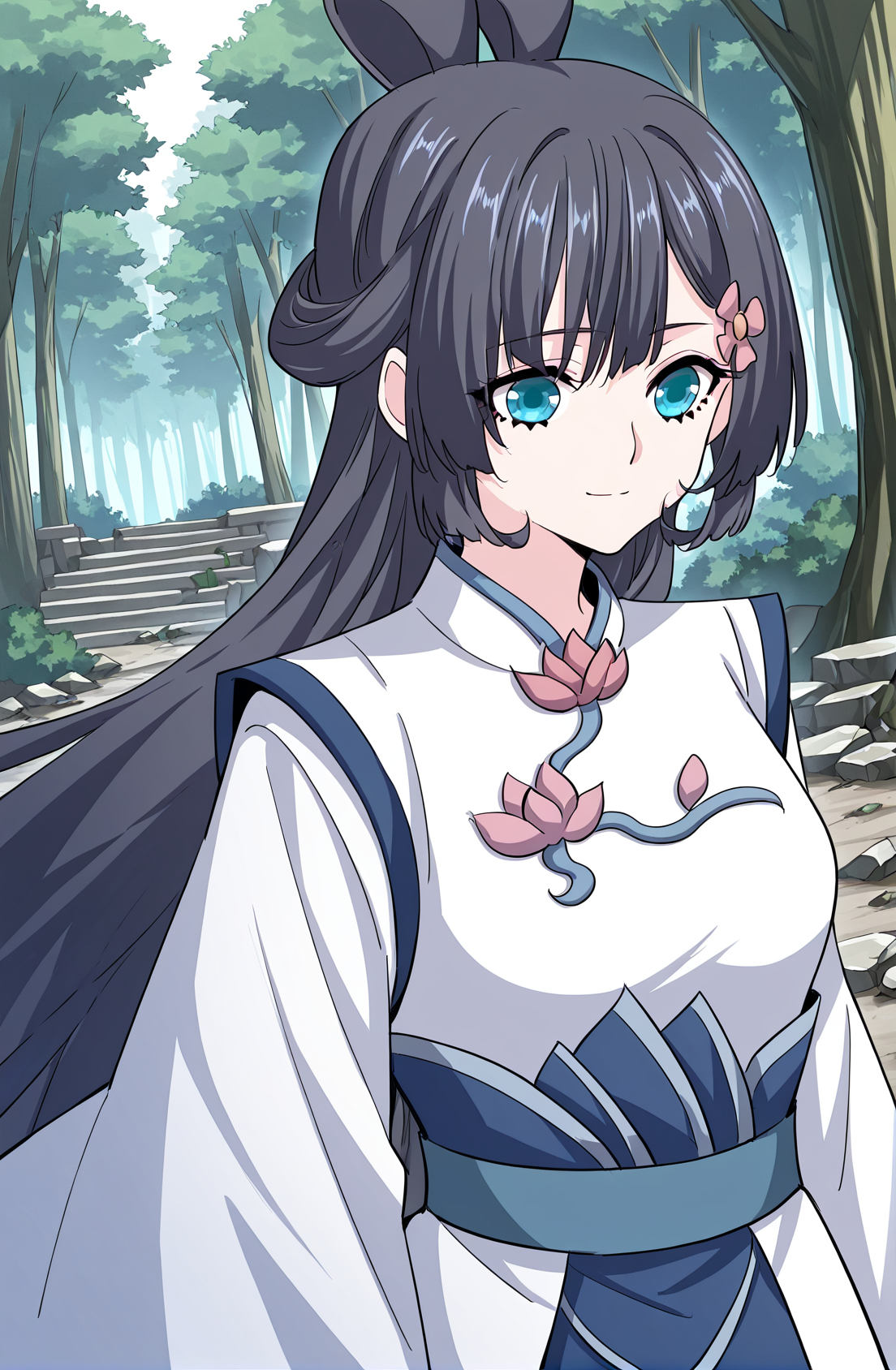 <lora:Yun_Shuang__Demon_Emperor__Illustrious:1>
1 girl, solo, long dark hair, blue eyes, side bangs, hair flower ornament, twin loop bun, 
white and blue hanfu, lotus pattern dress, floral brooch, wide sleeves, high collar, elegant outfit, 
score_9, score_8_up, score_7_up, very aesthetic, source_anime, detailed, high quality, beautiful, masterpiece, detailed eyes, forest, tree, ruins, cowboy shot, dynamic angle, upper body, light smile, dynamic pose