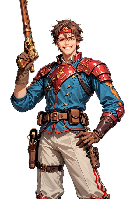masterpiece, best quality, absurdres, high score, very aesthetic, anptzisksk, isekai, solo, looking at viewer, smile, short hair, simple background, brown hair, red eyes, gloves, 1boy, white background, holding, hair between eyes, brown eyes, jacket, weapon, male focus, belt, pants, holding weapon, armor, grin, gun, headband, blue jacket, holding gun, rifle, brown gloves, circlet