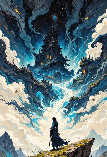 (in Otomo Katsuhiro style:1.2), masterpiece, high-quality, A ghostly painter dressed in flowing ink-stained garments, wielding an oversized brush as though its a weapon, Each stroke she paints on thin air brings to life fragments of a surreal landscape a floating palace a river of stars, mountains growing like crystalsâhovering around her in a swirling vortex of imagination, creation in motion, surreal fragments, floating art, Stylized anime with painterly abstract effects and a sense of fluidity, (elaborate fine details:1.1), (hyperdetailed:1.1), (intricate details:1.0), (Refined details:1.1), (best quality:1.1), (high resolution:1.2), <lora:FLUX\Anime v1.3:0.6> <lora:FLUX\VividlyReal:0.6> <lora:FLUX\FLUX-daubrez-DB4RZ:0.4>