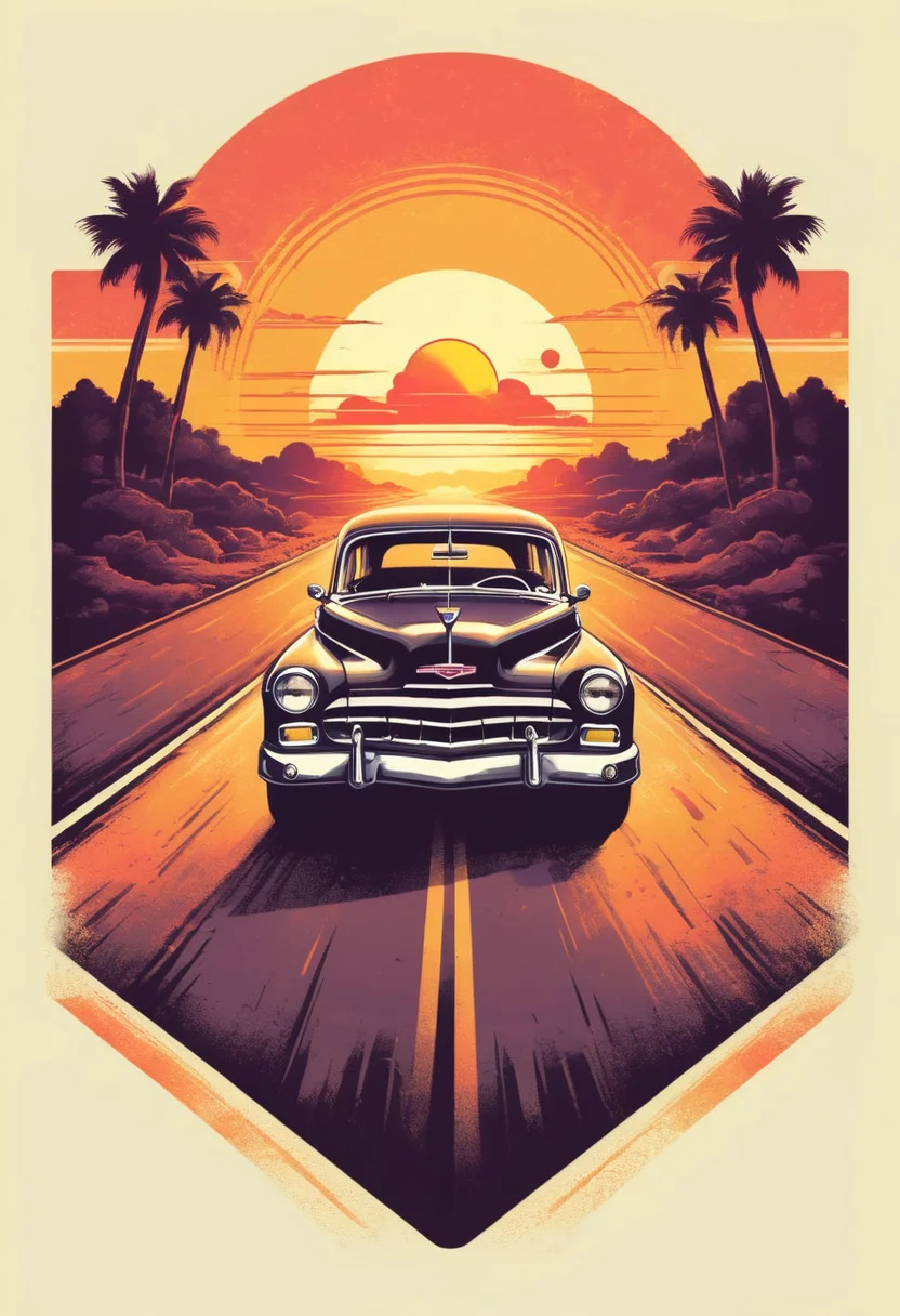 retro_tshirt a vintage car driving down a road with a sunset in the background, flat, frame,( square:1.1), (white outline:1.2) <lora:retro_tshirt:1>