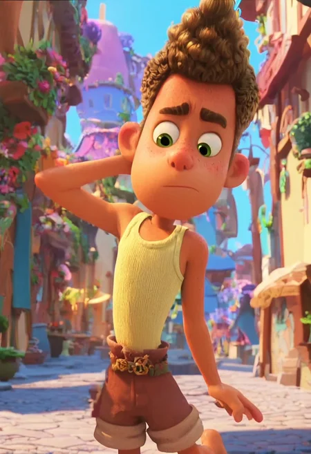 score_9, score_8_up, score_7_up, intricate details, masterpiece, best quality, screencap, high quality cg, 8k, best quality,
AlbScorf, green eyes, brown hair, tank top, belt, brown shorts, barefoot, 1boy, solo, alone