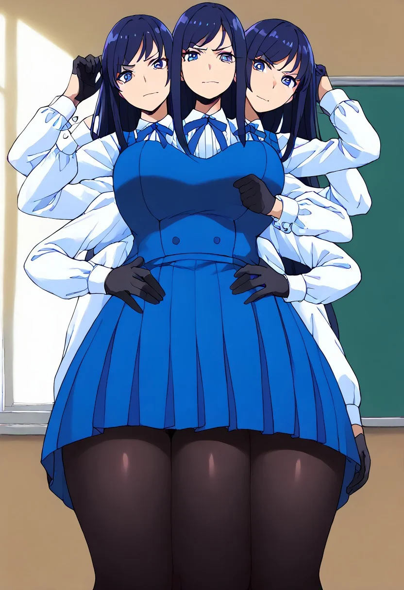 ((six arms)), (((3heads, trileg))), (hum4np3d3,multiarm, multibreast), score_9, score_8_up,   score_7_up, score_6_up, score_5_up,
hishikawa rikka, dark blue hair, long hair, blue eyes, blue dress, white blouse, long sleeves, blue neck ribbon, 
((black pantyhose, black gloves)) , looking at viewer, disgusted face, thick thighs, indoors, classroom, [shadows], light rays,  Expressiveh, [dynamic angle], [low angle]