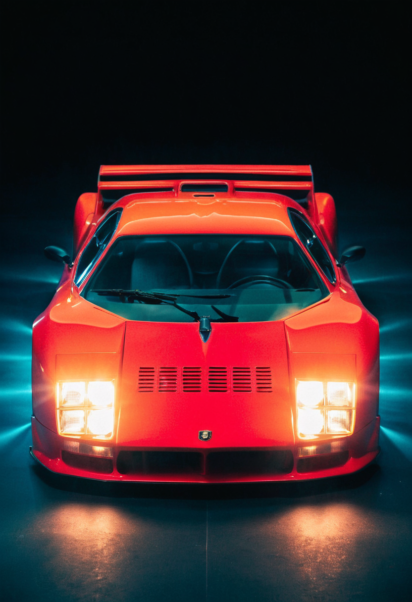 ClassicSportsCar, gleaming prototype, symmetrical front view, bright headlights, neon lights, glass background, light reflections, 4K, highly detailed, (stylish grainy analog 35mm film photo:1.2)