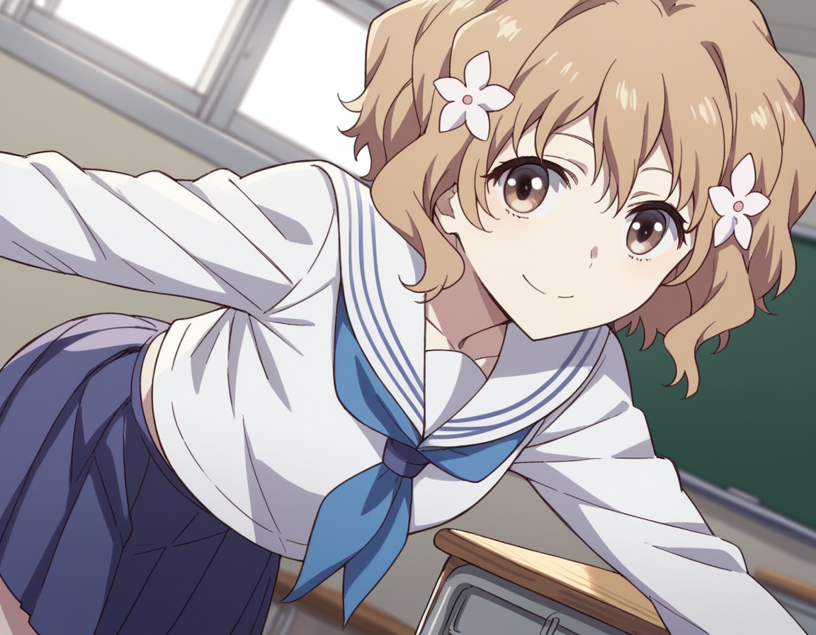 score_9, score_8_up, score_7_up, source_anime,
ohanamatsumae, <lora:ohana-matsumae-s1-ponyxl-lora-nochekaiser:1>,
ohana matsumae, short hair, brown hair, hair ornament, brown eyes, flower, hair flower,
skirt, school uniform, serafuku, blue skirt, pleated skirt, neckerchief, blue neckerchief, long sleeves,
indoors, classroom, bent over, smile,
looking at viewer, cowboy shot, solo, dutch angle,