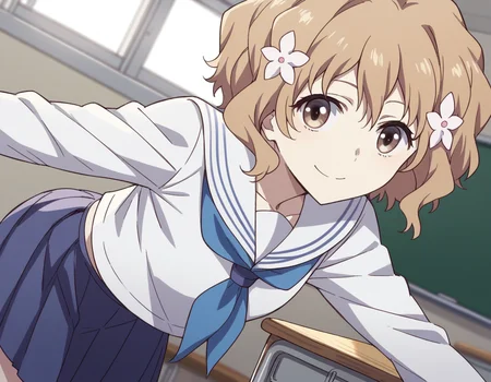 score_9, score_8_up, score_7_up, source_anime,
ohanamatsumae, <lora:ohana-matsumae-s1-ponyxl-lora-nochekaiser:1>,
ohana matsumae, short hair, brown hair, hair ornament, brown eyes, flower, hair flower,
skirt, school uniform, serafuku, blue skirt, pleated skirt, neckerchief, blue neckerchief, long sleeves,
indoors, classroom, bent over, smile,
looking at viewer, cowboy shot, solo, dutch angle,