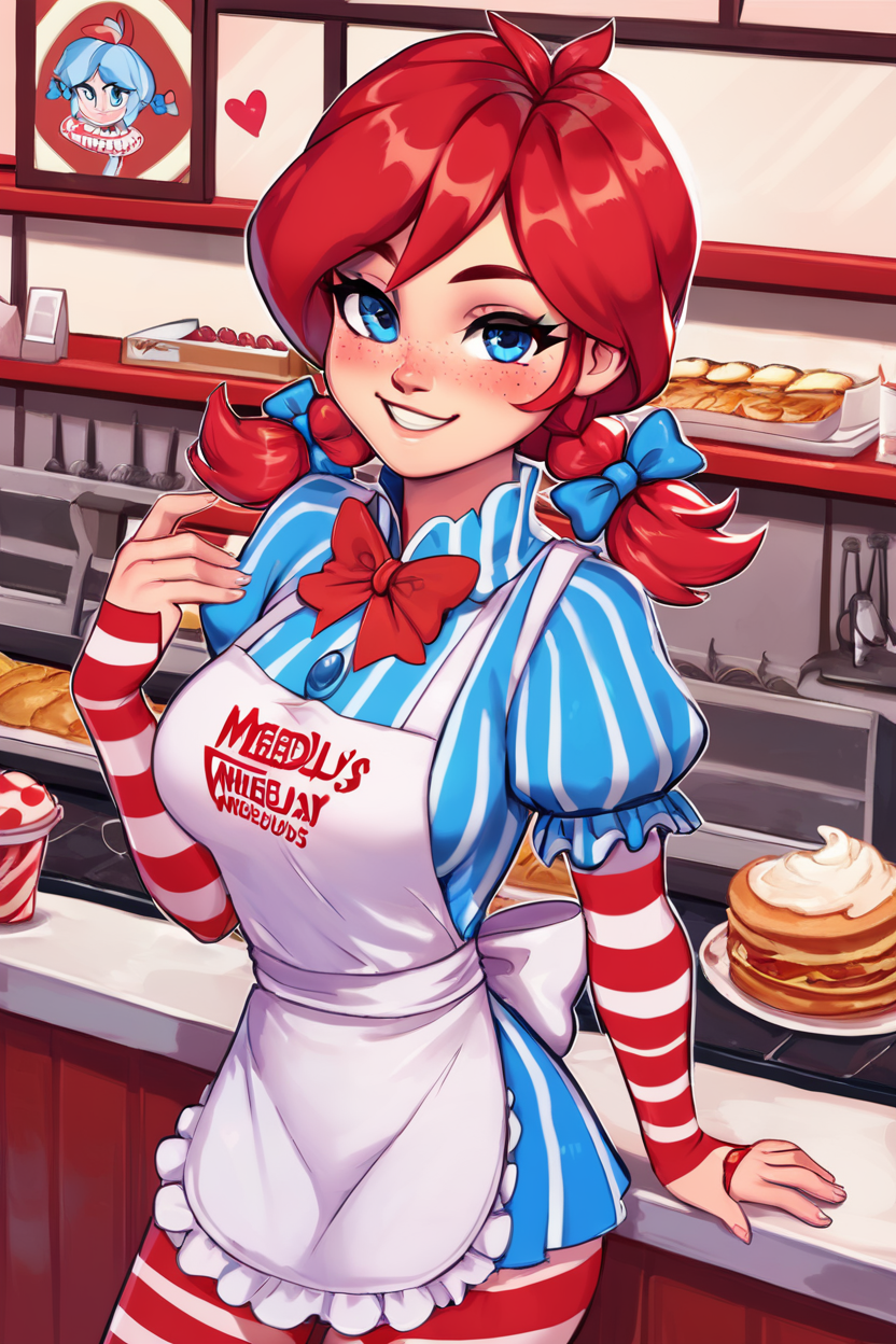 score_9, score_8_up, score_8, medium breasts, cute, eyelashes,       zzWendy, red hair, blue eyes, blush, apron, bow, hair bow, sidelocks, smug, smile, striped, solo, smile, looking at viewer, cowboy shot,  <lora:Wendy_Wendys_P1:1>, <lora:BoldCAT_P3:0.8>,