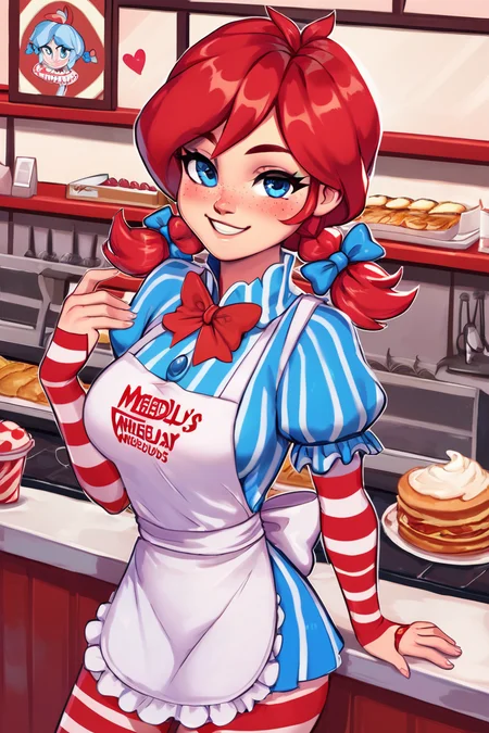 score_9, score_8_up, score_8, medium breasts, cute, eyelashes, zzWendy, red hair, blue eyes, blush, apron, bow, hair bow, sidelocks, smug, smile, striped, solo, smile, looking at viewer, cowboy shot, <lora:Wendy_Wendys_P1:1>, <lora:BoldCAT_P3:0.8>,