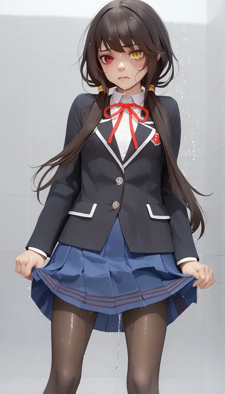 score_9,score_8_up,score_7_up,source_anime,<lora:Pony-äººç©-çº¦æ-æ¶å´çä¸ï¼ChameleonAIï¼:1>,1girl,solo,KurumiBase,clock eyes,red eye,yellow eye,heterochromia,black hair,
low twintails,school uniform,black jacket,blue skirt,neck ribbon,black pantyhose,<lora:WettingPony:1>,wetting skirt,wet spot on skirt,dripping down legs,having wet herself,peed her skirt,(embarassed:0.8),(crying:0.7),(blushing:0.5)