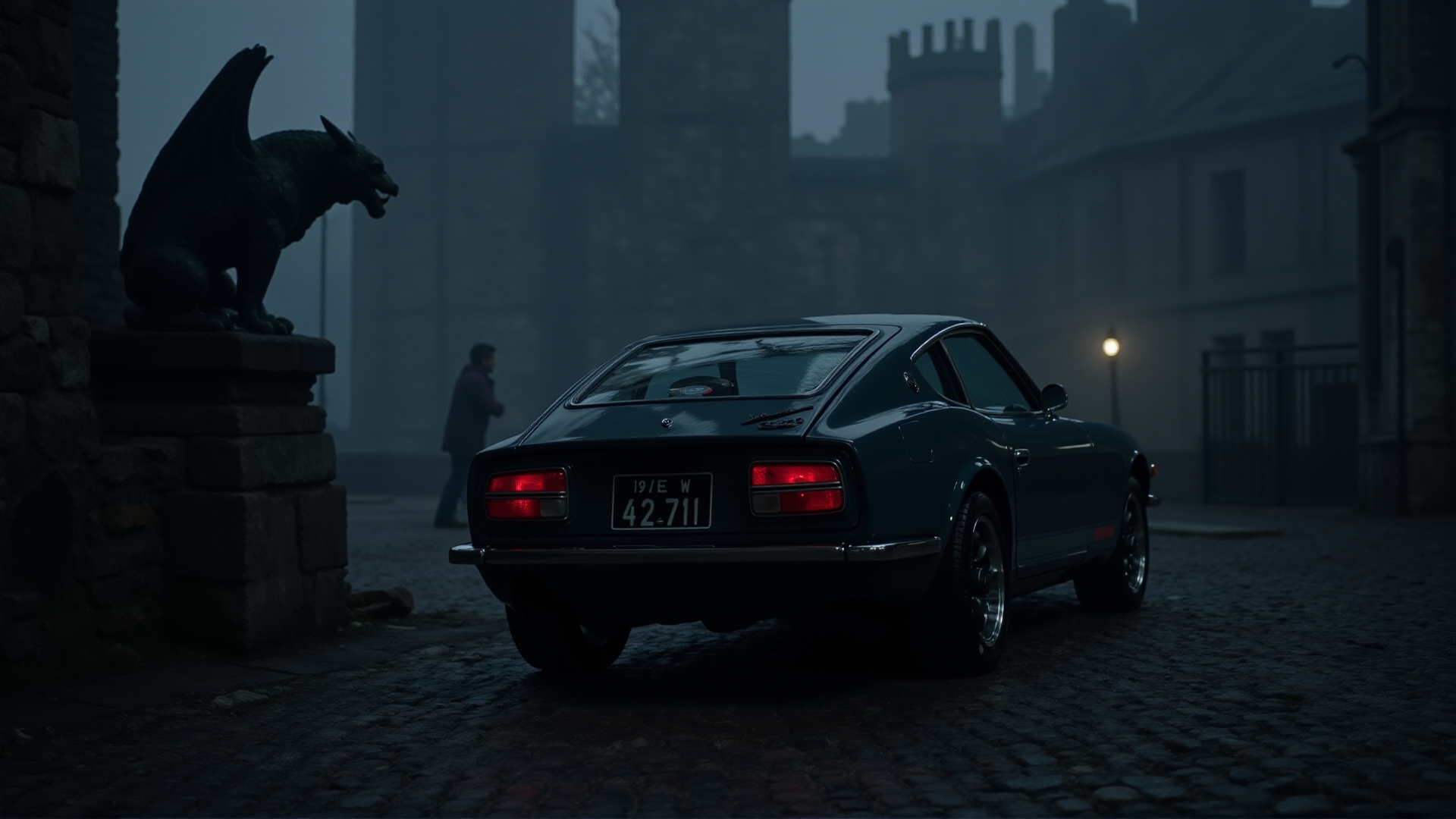 In a dimly lit, foggy gothic city with towering stone spires and cobblestone streets, a 1972 Nissan Datsun 240Z Fairlady in matte charcoal black emerges from the mist. The carâs iconic round tail lights cast a faint red glow, illuminating the wet stones beneath. Gargoyle statues loom in the background as the faint sound of echoing footsteps mixes with the distant toll of a church bell, heightening the mysterious, atmospheric setting
<lora:ral-nssndtsn_000001000:1>