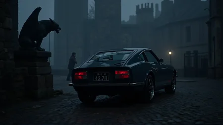 In a dimly lit, foggy gothic city with towering stone spires and cobblestone streets, a 1972 Nissan Datsun 240Z Fairlady in matte charcoal black emerges from the mist. The carâs iconic round tail lights cast a faint red glow, illuminating the wet stones beneath. Gargoyle statues loom in the background as the faint sound of echoing footsteps mixes with the distant toll of a church bell, heightening the mysterious, atmospheric setting
<lora:ral-nssndtsn_000001000:1>