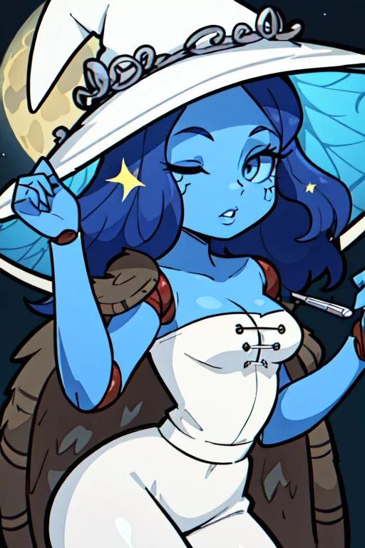 ((masterpiece), best quality), ((1girl)), comic style, <lora:DarkSoulsPack:1>, petite, white dress, Ranni, Doll joints, joints, (((four arms))), witch hat, fur cloak, full moon