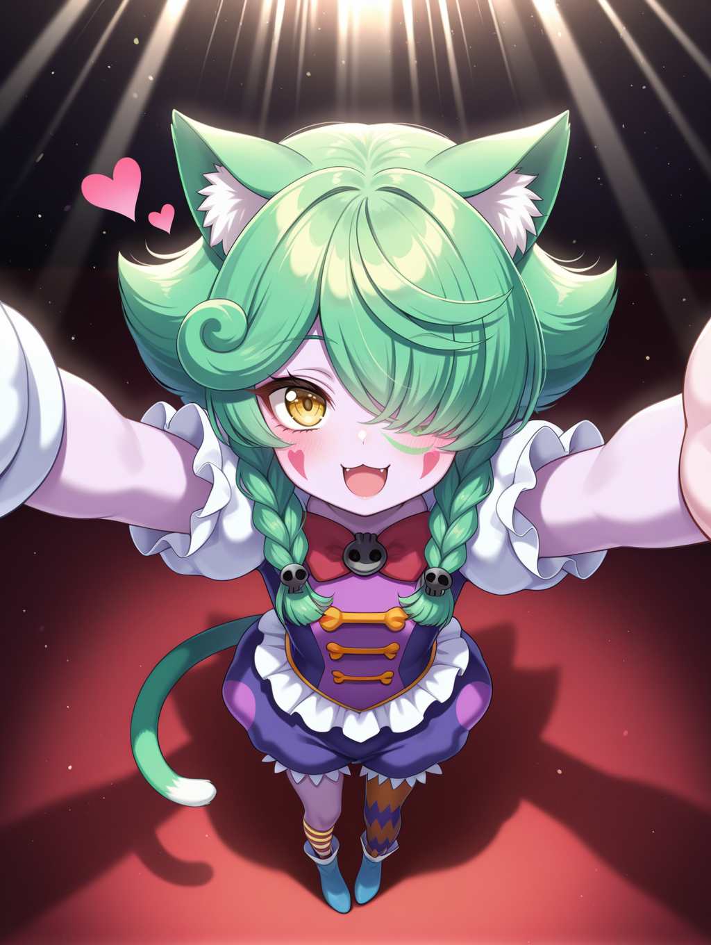 circus:1.2,hair over one eye,abyss actor - leading lady,1girl,solo,looking at viewer,heart,facial mark,smile,purple skin,open mouth,skull hair ornament,red bow,purple dress,purple bloomers,single glove,single legwear,single wrist cuff,bat earrings,green cat ear,green cat tail,standing,:3,no headwear,arms up,reaching towards viewer,from above,light rays,clown, blue pointy footwear
masterpiece,best quality,amazing quality,very aesthetic,absurdres,newest,<lora:Abyss Actor - Leading Lady illusXL v1.2:0.72>,
