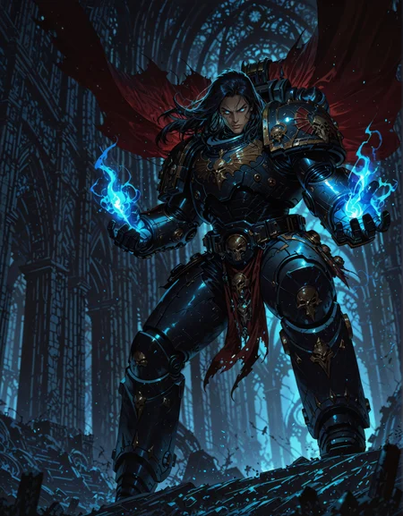 masterpiece, best quality,high quality, newest, highres,8K,HDR,absurdres, NightL40K, 1boy, power armor, solo, long dark hair, glowing blue eyes, magical sigils, holding spellbook, shadowy aura, ancient ruins, cursed weapon, tattered cape, battle stance, ethereal mist, detailed background, depth of field, dynamic pose, foreshortening, cinematic lighting, dramatic shadows, enchanted symbols, intricate magic patterns, deep color contrast, gothic architecture, dark theme, high fantasy setting., detailed background, dynamic pose, dynamic composition,dutch angle, detailed backgroud,foreshortening,blurry edges
<lora:ILLNightL40K:1> <lora:iLLMythAn1m3Style:0.8>