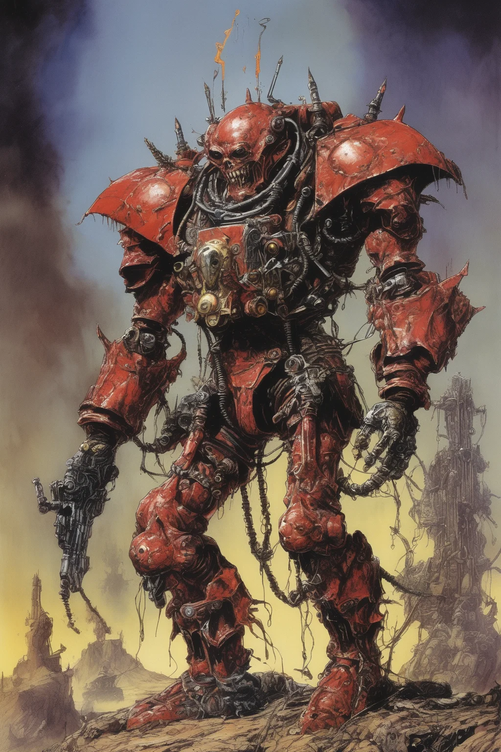 John Blanche Style - spawn Clown demon arch nemesis, full Metal Alchemist mech suit, a full body image of a legendary hero, intense battlefield, on the cover of a 1980s fantasy roleplaying game illustrated