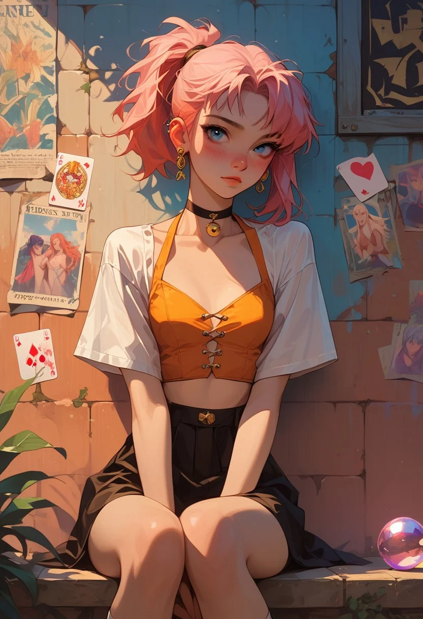score_9, score_8_up, score_8, score_7_up, score_7, adult female,tiny tits, flat , female, neon hair, long hair, hair, hair over one eye, dark eyebrow, cute face, freckles, ear piercing, anime girl, petite body, thin, short,small face , , cute, easynegative, blushing,
Fortune Teller: Flowing skirt, cropped top, shawl, crystal ball, tarot cards, gold jewelry, mysterious, mystical vibe.
score_9, score_8_up, score_7_up, score_6_up, slim girl, perfect small breasts,, blushing nose, twin short ponytail, knees together, outside against tile wall of building, lamp white light, tiled wall, cowboy shot, stay near wall, chest up, knees together
sinozick style,g4n1m3,
