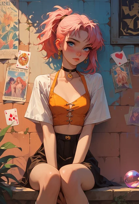 score_9, score_8_up, score_8, score_7_up, score_7, adult female,tiny tits, flat , female, neon hair, long hair, hair, hair over one eye, dark eyebrow, cute face, freckles, ear piercing, anime girl, petite body, thin, short,small face , , cute, easynegative, blushing,
Fortune Teller: Flowing skirt, cropped top, shawl, crystal ball, tarot cards, gold jewelry, mysterious, mystical vibe.
score_9, score_8_up, score_7_up, score_6_up, slim girl, perfect small breasts,, blushing nose, twin short ponytail, knees together, outside against tile wall of building, lamp white light, tiled wall, cowboy shot, stay near wall, chest up, knees together
sinozick style,g4n1m3,