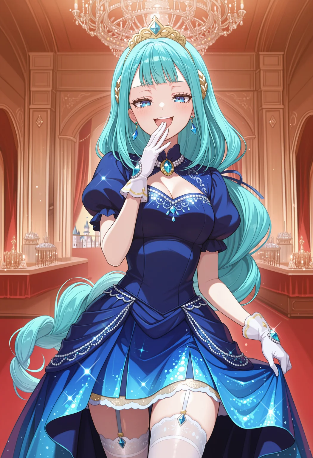 1girl, suelecia, very-long hair, single braid, aqua hair, hair ornament, noblewoman, masterpiece, best quality, absurdres,
blue princess, dress, blue dress, glitter dress, puffy short sleeves, puffy sleeves, short sleeves, gloves, white gloves, hand jewel, white thighhighs, lace-trimmed thighhighs, garter straps, lace, glitter, sequins, gem-studded, embroidery, embroidered dress, crown, gem, brooch, earrings, jewelry, eyelashes,
indoors, ballroom, castle, buffet,
solo, cowboy shot, straight-on, standing, ojou-sama pose, laughing, smug, hand to own mouth, open mouth, skirt hold,
intricate, highly detailed, majestic