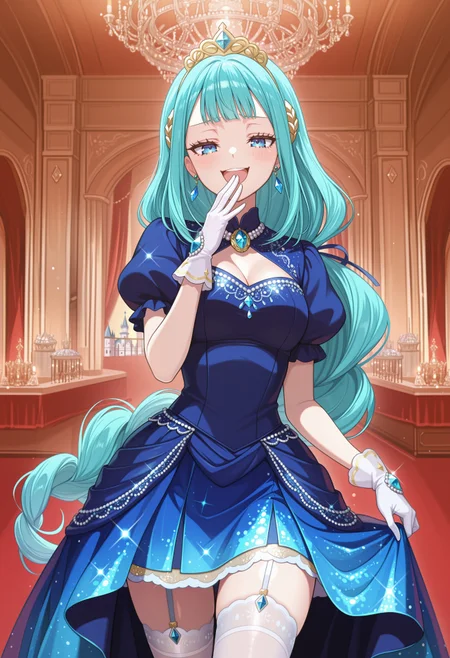 1girl, suelecia, very-long hair, single braid, aqua hair, hair ornament, noblewoman, masterpiece, best quality, absurdres,
blue princess, dress, blue dress, glitter dress, puffy short sleeves, puffy sleeves, short sleeves, gloves, white gloves, hand jewel, white thighhighs, lace-trimmed thighhighs, garter straps, lace, glitter, sequins, gem-studded, embroidery, embroidered dress, crown, gem, brooch, earrings, jewelry, eyelashes,
indoors, ballroom, castle, buffet,
solo, cowboy shot, straight-on, standing, ojou-sama pose, laughing, smug, hand to own mouth, open mouth, skirt hold,
intricate, highly detailed, majestic