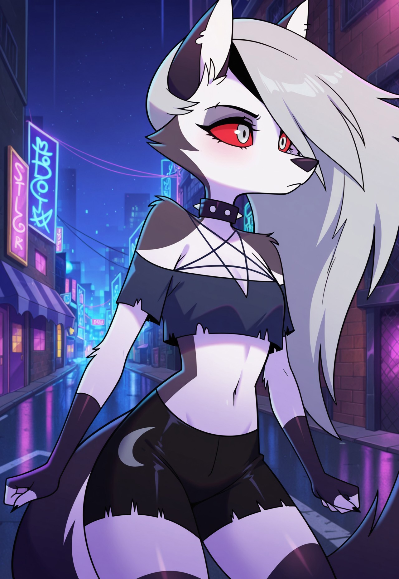 AMAZING QUALITY, MASTERPIECE, 1GIRL, SOLO, LOONA, FURRY, GREY HAIR, SILVER EYES, RED SCLERA, CROP TOP, MICRO SHORTS, NIGHT, STREETS, NEON GLOW,