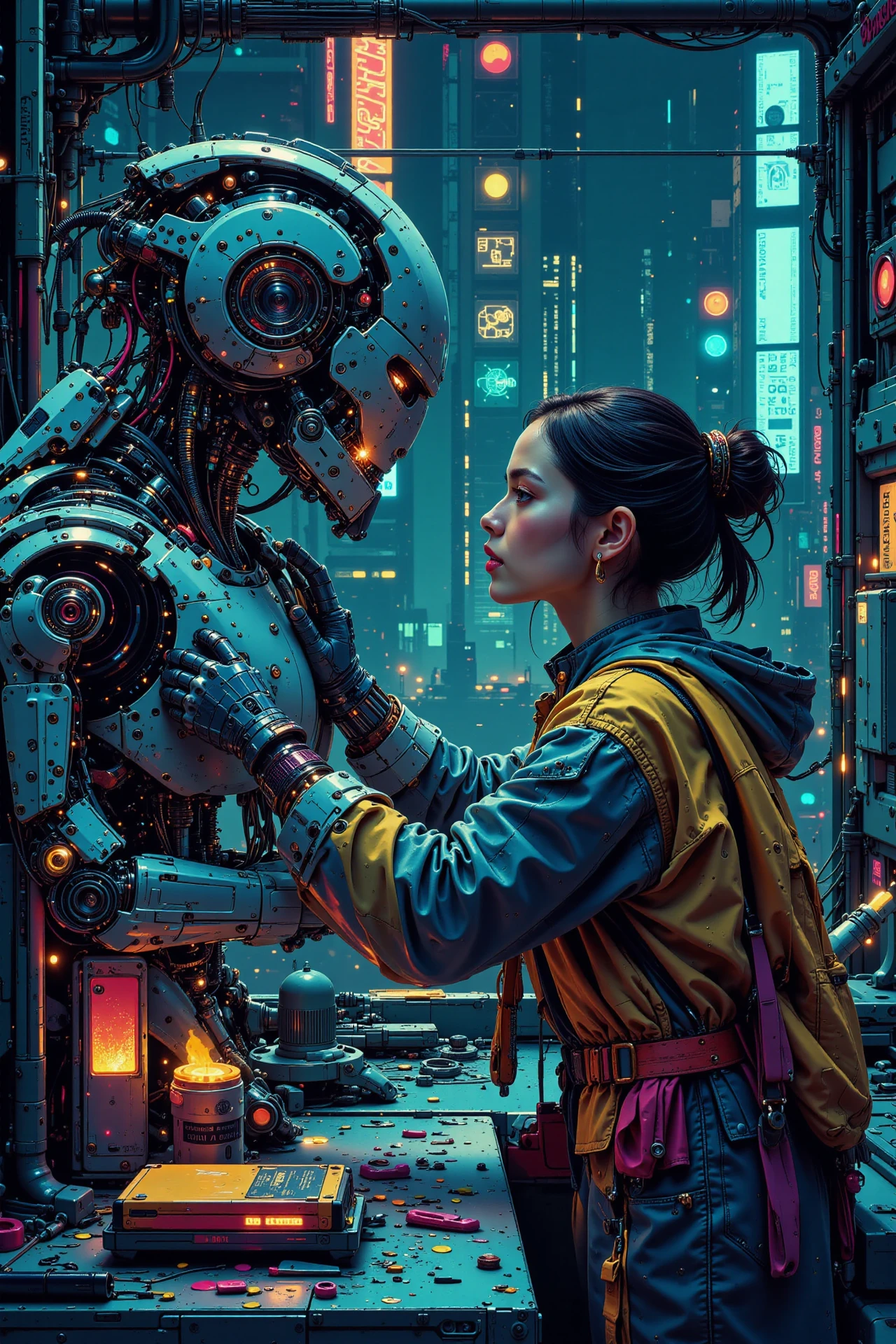 a woman repairing a robot, early morning, woman, very intricate, very detailed, sharp, bright, colorful, <lora:Hand v2:0.5> <lora:Anti-Blur:1><lora:Insane Detail Slider:0.25>  <lora:flux.1_lora_flyway_Epic-detail_v2:0.3> <lora:fluxenhancer:0.25><lora:ck-Neon-Retrowave:0.4> ck-rw, in the style of ck-rw,  <lora:Neurocore Anime Cyberpunk:0.8> A digital artwork in the style of cknc