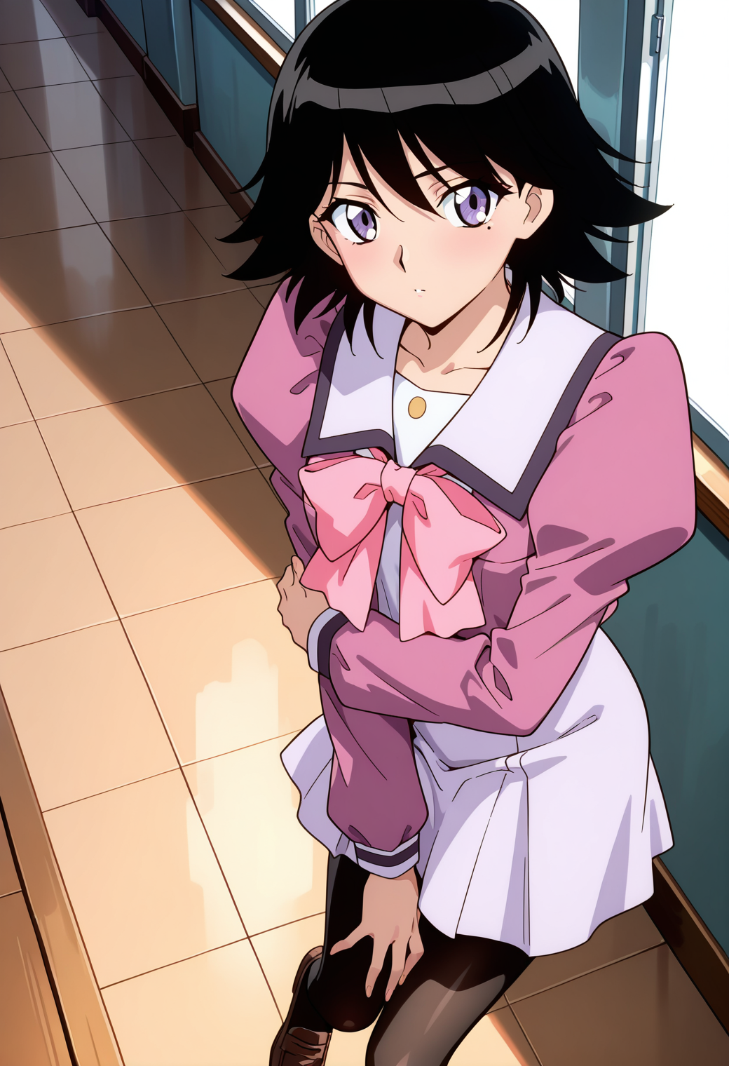 masterpiece, best quality, very aesthetic, absurdres, 1girl, solo,
<lora:shinozaki_ai_v01:0.8>, shinozaki_ai, ai_school, black hair, short hair, purple eyes,
school uniform, long sleeves, juliet sleeves, pink bow, skirt, black pantyhose, brown loafers, posing