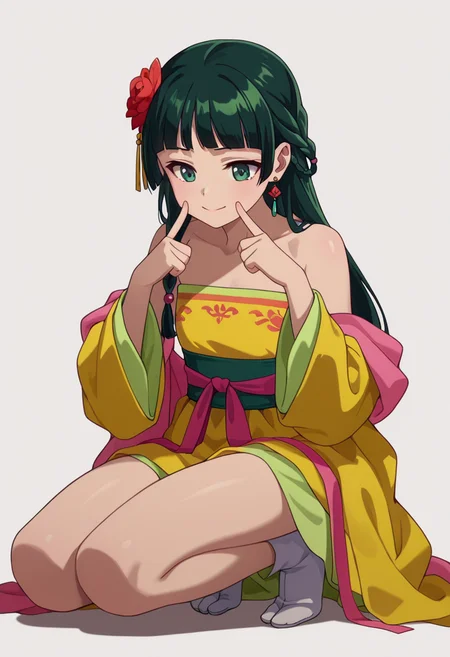 Smooth Quality,masterpiece,very intricate, high quality details, ultra realistic, high detailed skin,detailed enviorement,absurdres,
simple background, white background,solo,
front view,fingersmile,
<lora:Maomao_CNR:0.8> maomao_cnr,
maogreen_cnr,
green hair, long hair, green eyes, bare shoulders, flat chest, single braid
chinese clothes, hanfu, dress,strapless dress, yellow dress,earrings, hair flower, sash, tabi,