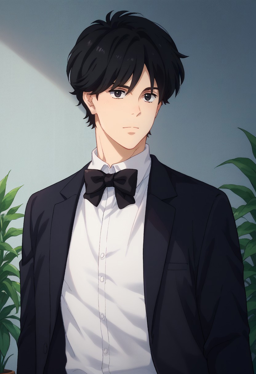 score_9, score_8_up, score_7_up, source_anime, highly detailed, 
eijiokumura, 1boy, male focus, solo, black hair, short hair, black eyes, upper body, formal, suit, bowtie, bow, black bowtie, shirt, white shirt, black jacket slender, skinny
indoor, plant,