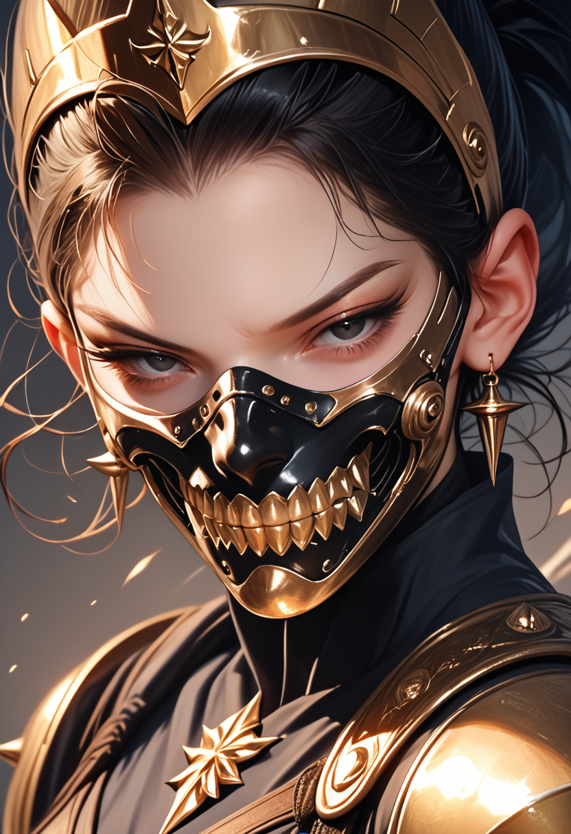 (score_9, score_8_up), score_7_up, 1girl, looking at viewer,  teeth, armor, black eyes, mask, half-closed eyes, helmet, shoulder armor, realistic, black and gold, mouth mask, spikes, 
<lora:masky-000009:0.9>
