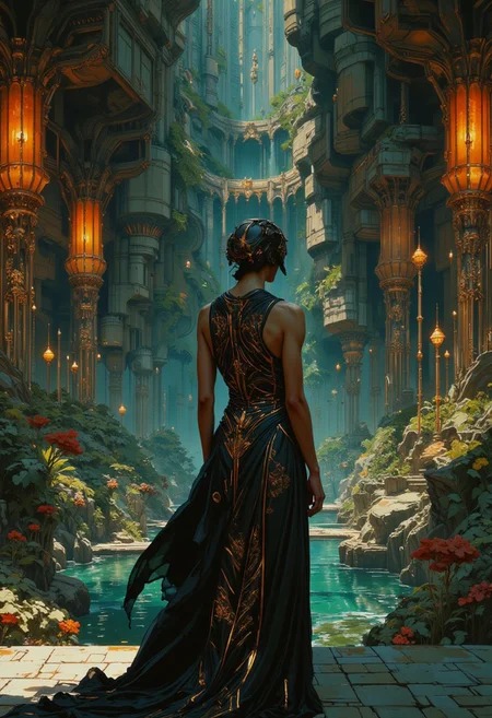 Cyberpunk concept art. Medium shot. Cyberpunk goddess in long art deco dress turns back to viewer in front of temple pool. Painterly. Soft brushstrokes, intricate art nouveau line work, golden accents. Ambient lighting with complementary colors, turquoise and orange hues. Deep shadows, misty atmosphere. 8k resolution, cinematic film still, futuristic architecture, sci-fi illustration, avant-garde, digital art, high contrast, vibrant colors.