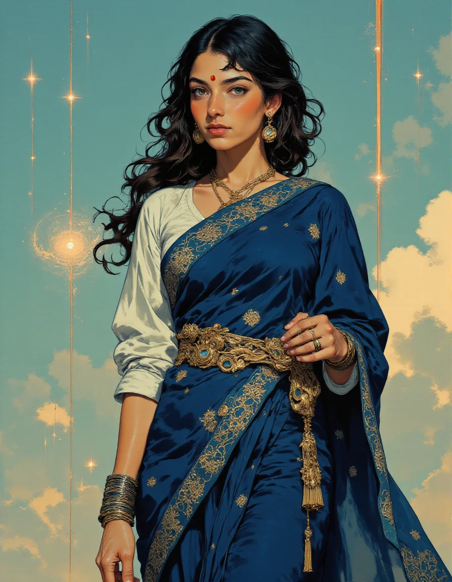 Beautifully detailed and serene full-length portrait.
An young beautiful Indian women wearing Indigo reception patola cotton saree with cuffed sleeves one-shoulder linen blouse, The saree brings attention to her voluptuous body,
<lora:ck-painterly-fantasy:1> in the style of ckpf <lora:RM_Artistify_v1.0M:1> <lora:J_Anime:1> j_art