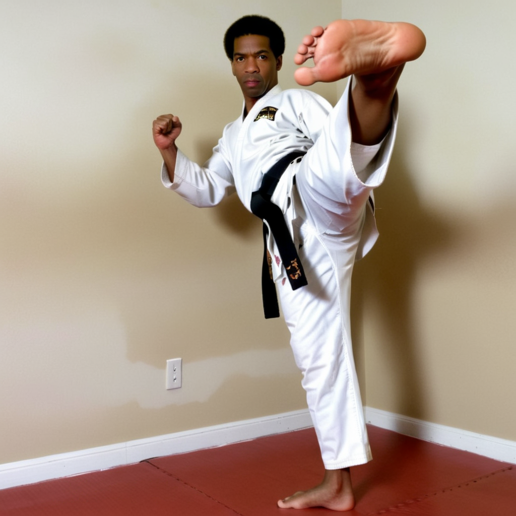 A Denzel Hayes Washington Jr, including a black belt, is performing a high kick.   <lora:kickGirl:0.7>,soles of feet