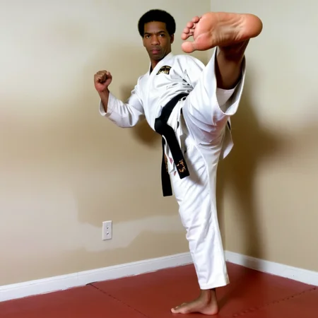 A Denzel Hayes Washington Jr, including a black belt, is performing a high kick. <lora:kickGirl:0.7>,soles of feet