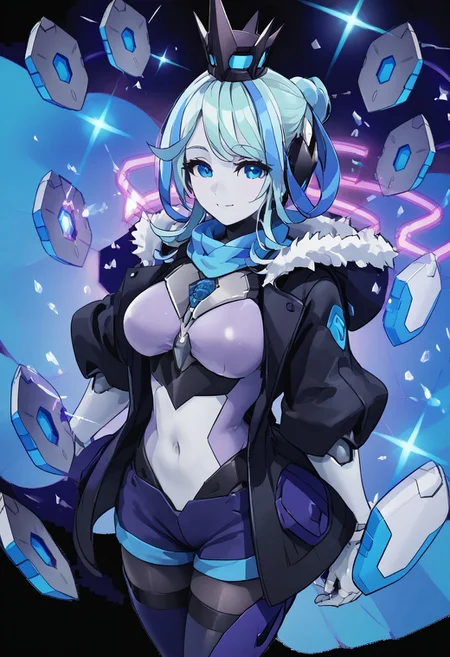 score_4,score_5,score_6,score_7_up,score_8_up,score_9 ((masterpiece,best quality,ultra detailed,highres,HD,4k:1.2)),
1 cute girl,solo,solo focus,girl focus,face focus,
robot joints,colored skin, blue hair,two-tone hair,multicolored hair,streaked hair,single hair bun,crown,blue eyes,large breasts,
((coat,scarf,white shirt,Hooded coats, fur coats,long sleeves,shorts,legwear under shorts,pantyhose)),
light smile,closed mouth,blush,