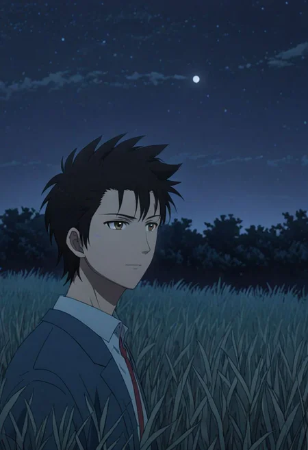 Highres, Masterpiece, High Quality, 4K, 8K, solo, 1Boy, Soujirou Agata, brown eyes, black hair, grassland, no light pollution, bush, nature, calm, peaceful, night breeze, breeze, awe, dim, easynegative, detailed_eye_model