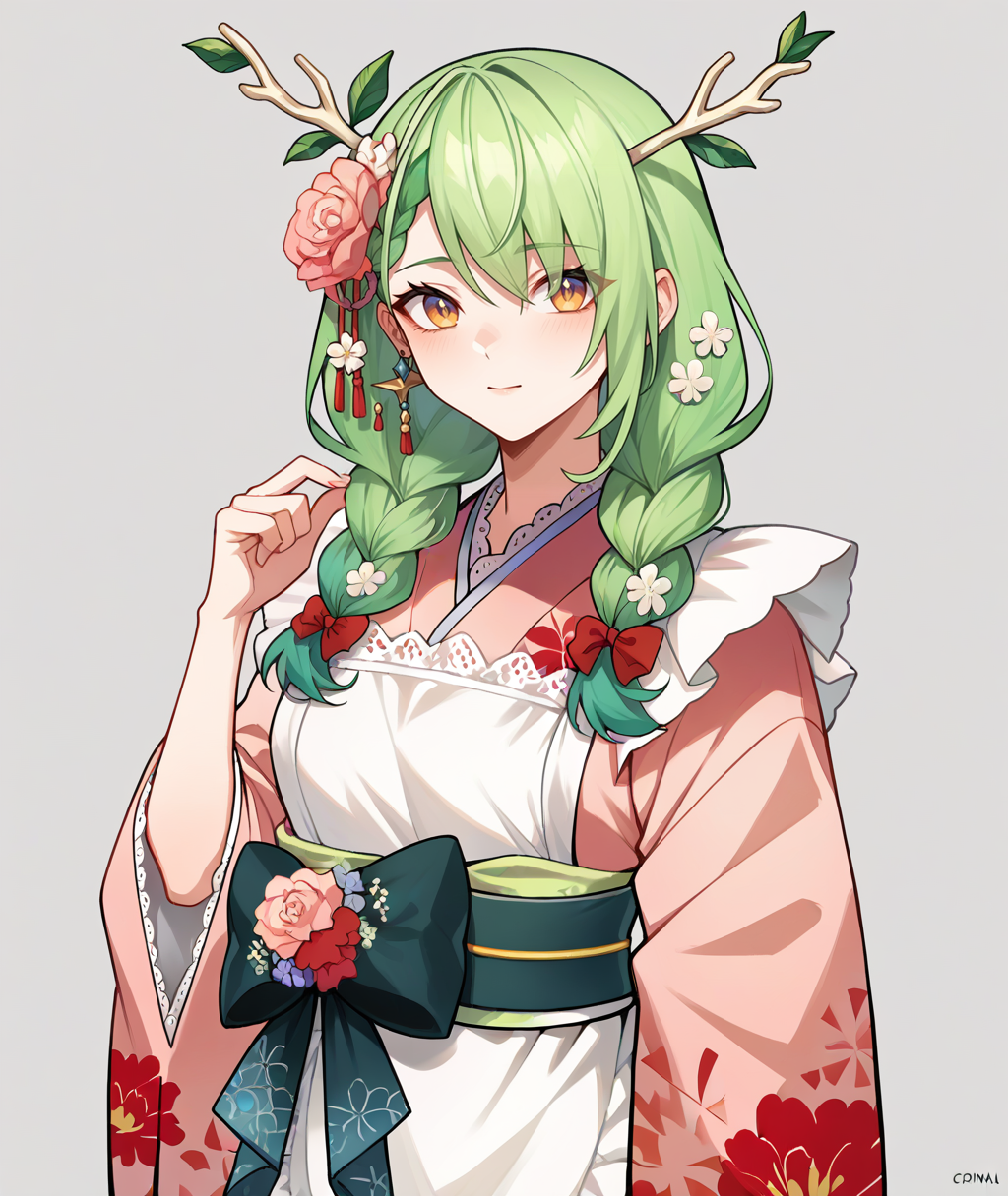 score_9,score_8_up,score_7_up,score_6_up,score_5_up,score_4_up,
1girl, ceres fauna, antlers, long hair, hair flower, twin braids, pink kimono, print kimono, white apron, frilled apron, obi, flower,
grey background, simple background, solo, looking at viewer, cowboy shot,
<lora:faunaponyxl2:1>