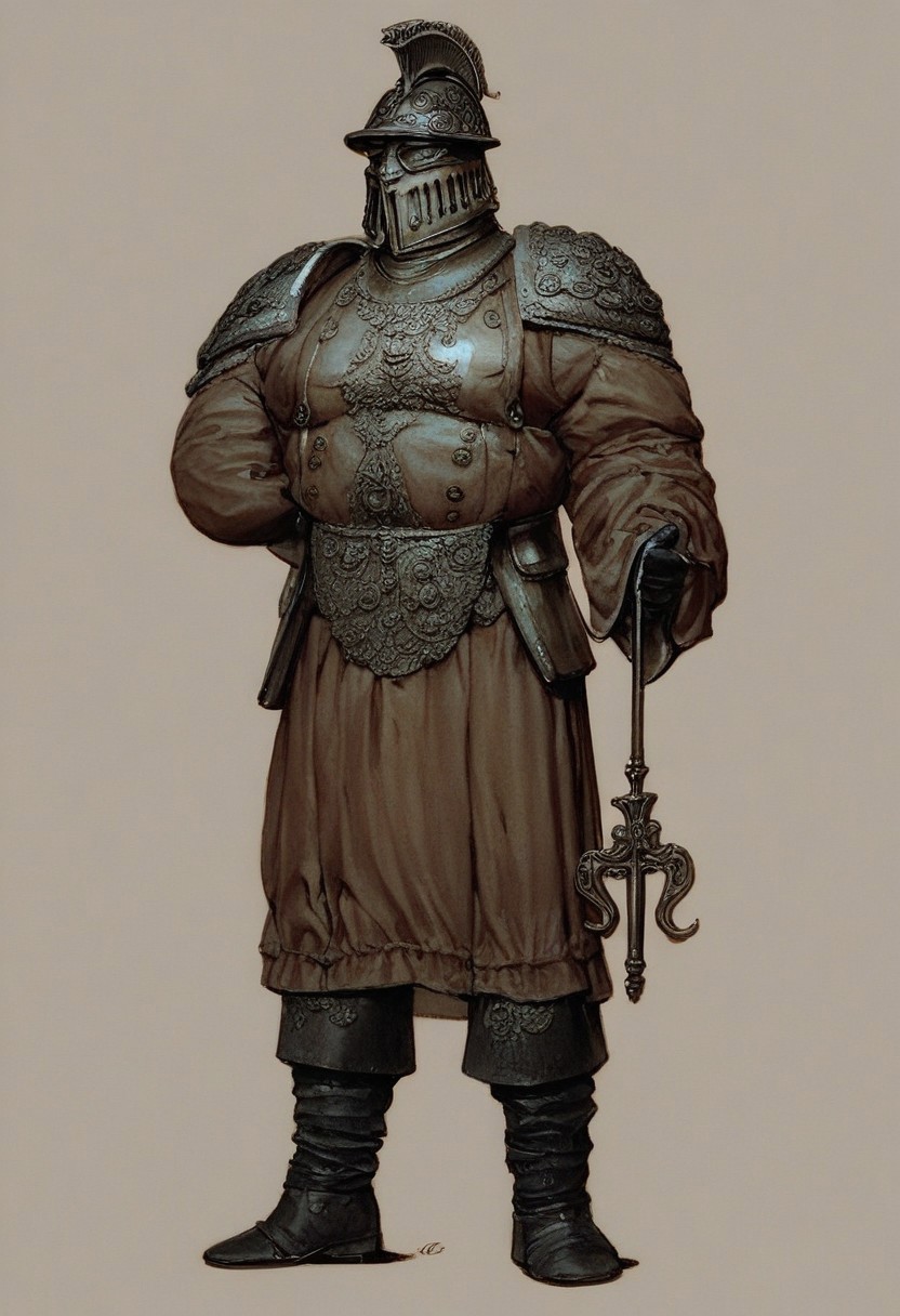 absurdres, hires, score_9, score_8_up, score_7_up, painterly, faux traditional media, renaissance, (full body, from the front), European male, tall muscular, slightly chubby, standing proud,sixteenth century, soldier with ornate torso plate, helmet, holding a long musket , (late medieval European city background)