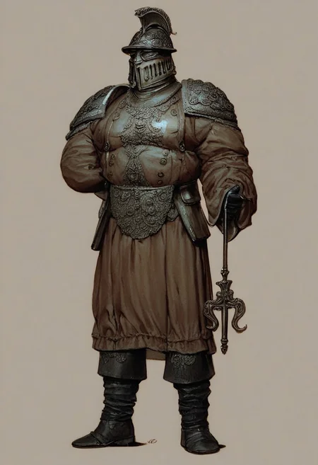absurdres, hires, score_9, score_8_up, score_7_up, painterly, faux traditional media, renaissance, (full body, from the front), European male, tall muscular, slightly chubby, standing proud,sixteenth century, soldier with ornate torso plate, helmet, holding a long musket , (late medieval European city background)