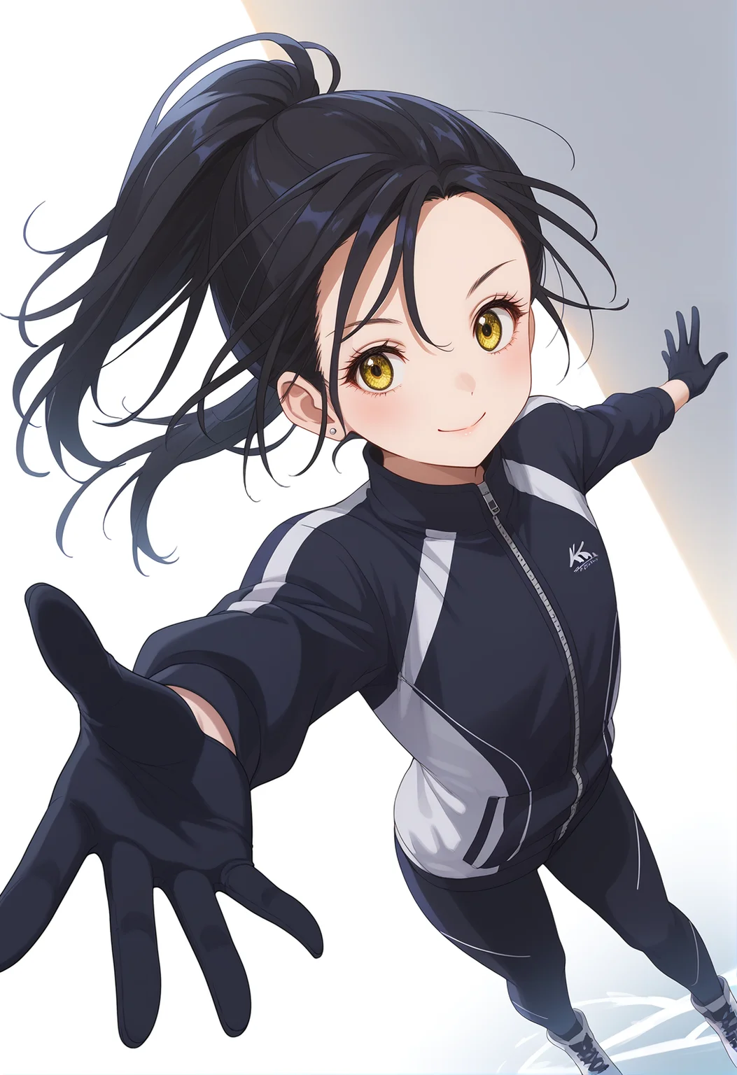 <lora:Hikaru KAMISAKI_1.0_pony-000018:1>,
(score_9,score_8_up,score_7_up, ),
KHA_two,solo,smile,yellow eyes,earrings,looking at viewer,black hair,ponytail,black sportswear,black gloves,closed mouth,cowboy_shot,
dynamic_angle,reaching,skating