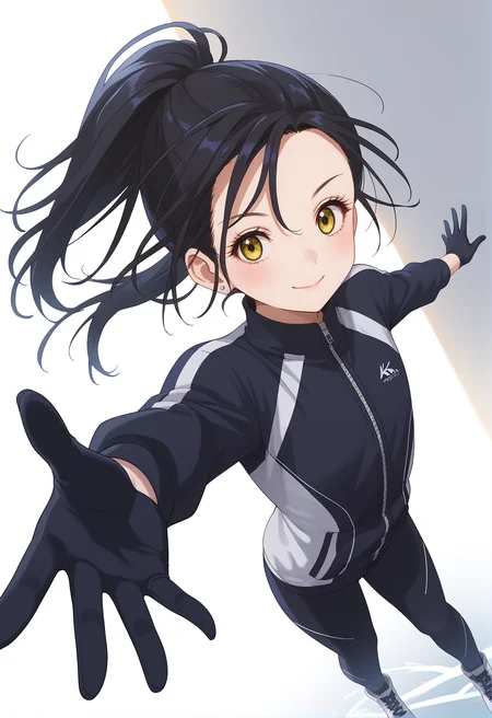 <lora:Hikaru KAMISAKI_1.0_pony-000018:1>,
(score_9,score_8_up,score_7_up, ),
KHA_two,solo,smile,yellow eyes,earrings,looking at viewer,black hair,ponytail,black sportswear,black gloves,closed mouth,cowboy_shot,
dynamic_angle,reaching,skating