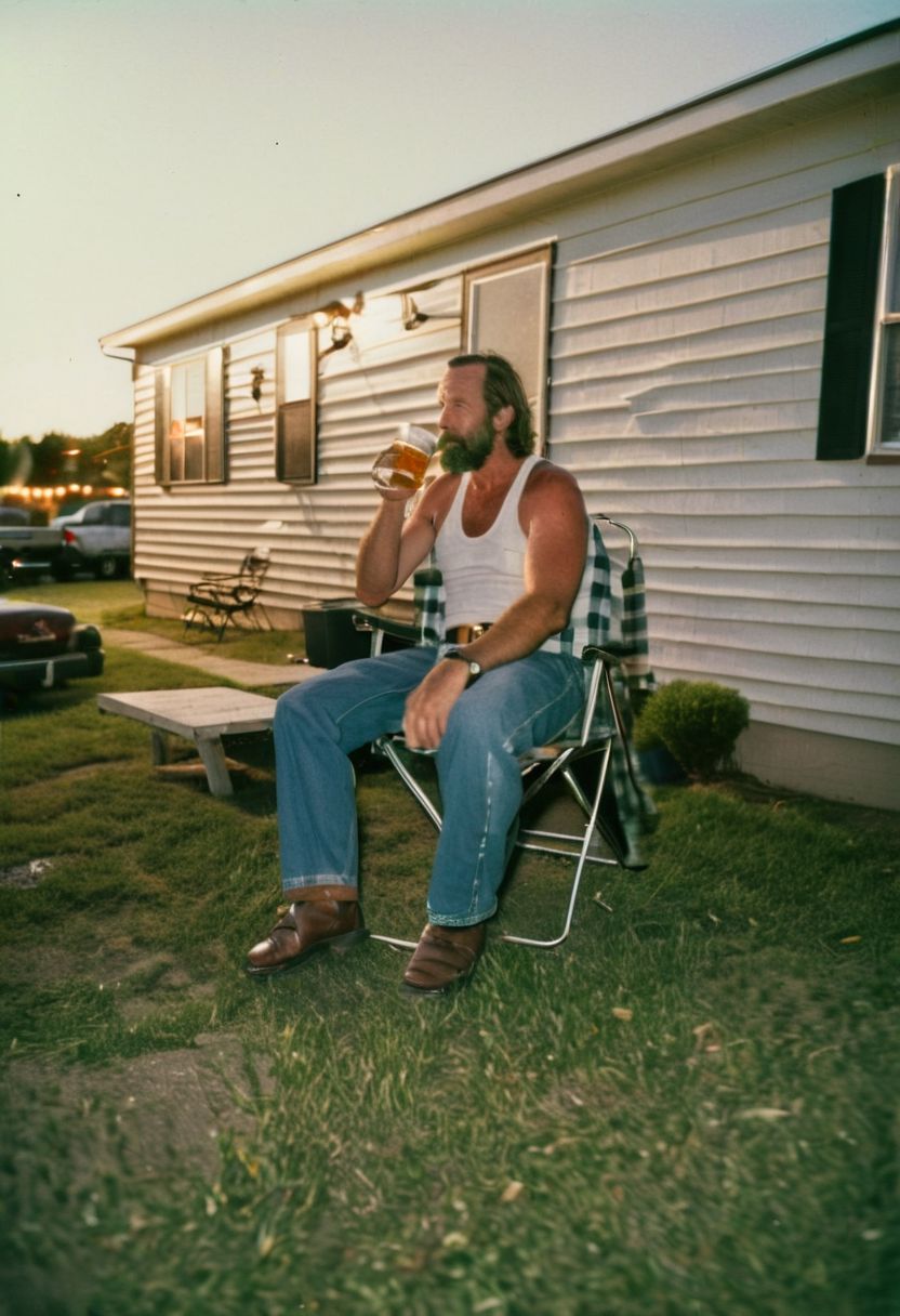 Rugged middle-aged skinny redneck man sitting in a lawn chair outside his mobile home contemplating his life choices. He is drinking a can of beer and his party guests are grilling burgers on an old lawn grill just after sunset. polaroid film photography