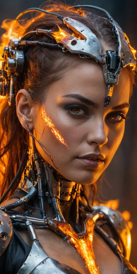 closeup portrait of a beautiful cyborg woman, metal, wires, cables, bathed in fire, hell