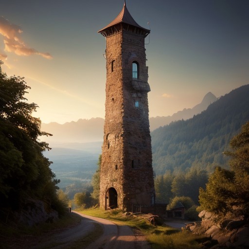 realistic analog photo, award winning photo, vary wide shot of stone witow tower:1.3, (Military watchtower), scenery,  hills, dirt road, nature, outdoors, RAW, highres, 8k, uhd, High Dynamic Range, tonemapping, crisp details,